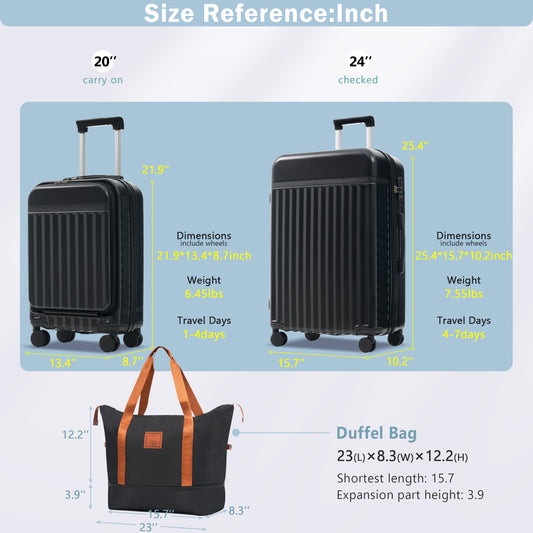 Front Opening Luggage Set 3 Piece, Hardside Carry On Suitcase With USB Port, Expandable Luggage With Handle Bag Spinner Wheels TSA Lock