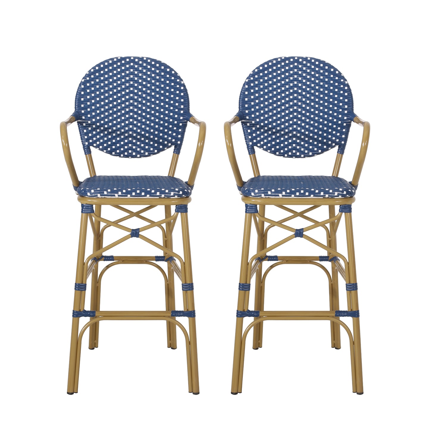 Outdoor Wicker And Aluminum 29.5 French Barstools, Set Of 2, Navy Blue, Bamboo Print Finish