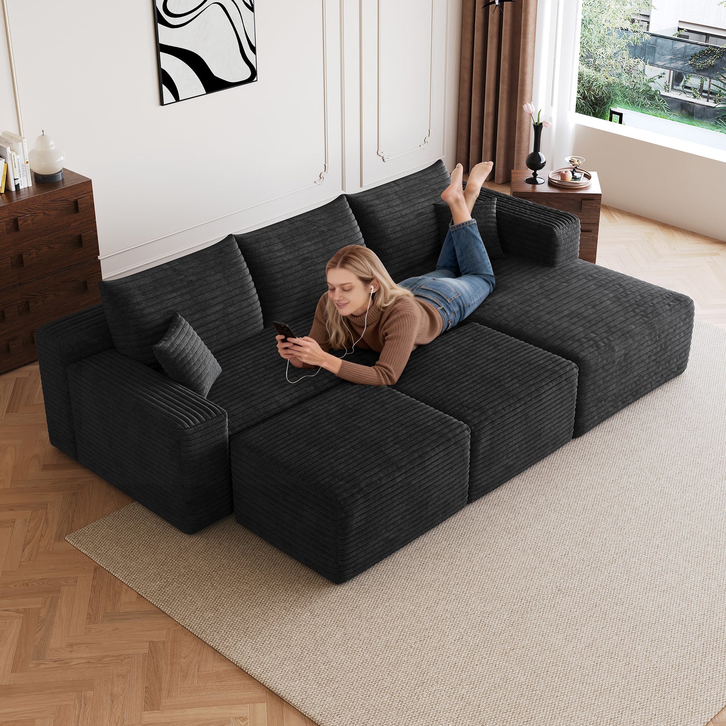 95 Cloud Sectional Sofa With 2 Ottoman,Modern Minimalist Upholstered Couches, Comfort U Shaped Sofa For Living Room,Deep Seat Corner Couch,No Assembly Required,Black Plush Corduroy Fabric
