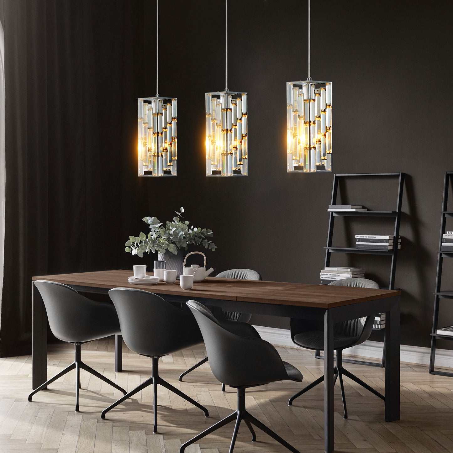 4in Modern Crystal Pendant Light - 3 Pack, Adjustable Hanging Ceiling Lamp With Crystal Prism Design For Dining Room, Kitchen Island, And Living Room -Chrome Finish