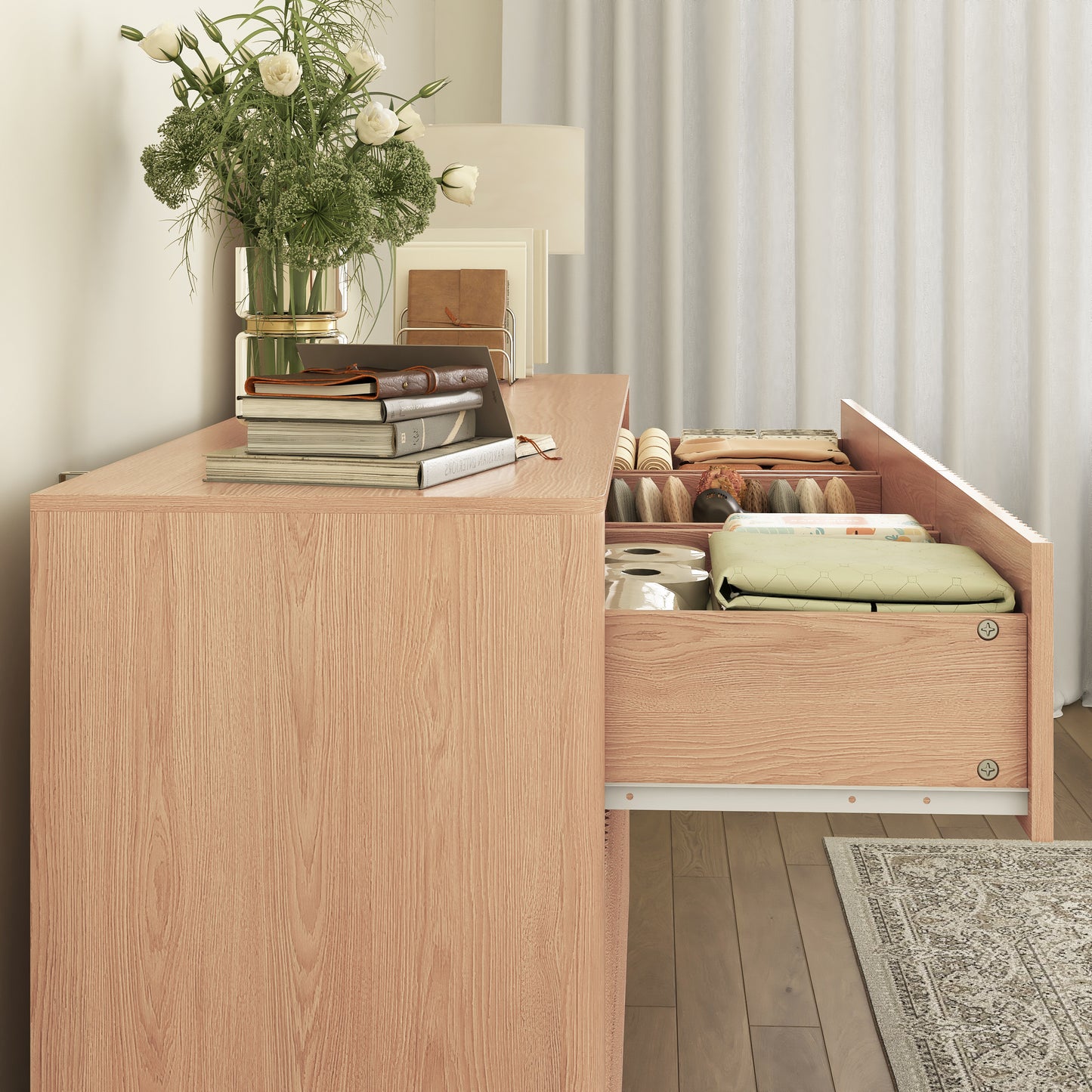 9 Drawer Dresser For Bedroom With Large Drawers, Wood Dresser, Large Floor Chest Of Drawers, Modern Long TV Stand, Mid Century Storage Cabinet Side Table, Natural