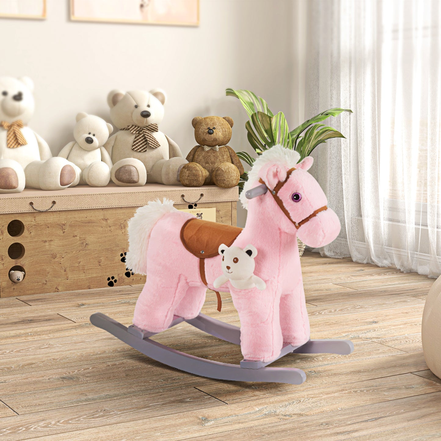Kids Plush Ride-On Rocking Horse With Bear Toy, Children Chair With Soft Plush Toy & Fun Realistic Sounds, Pink