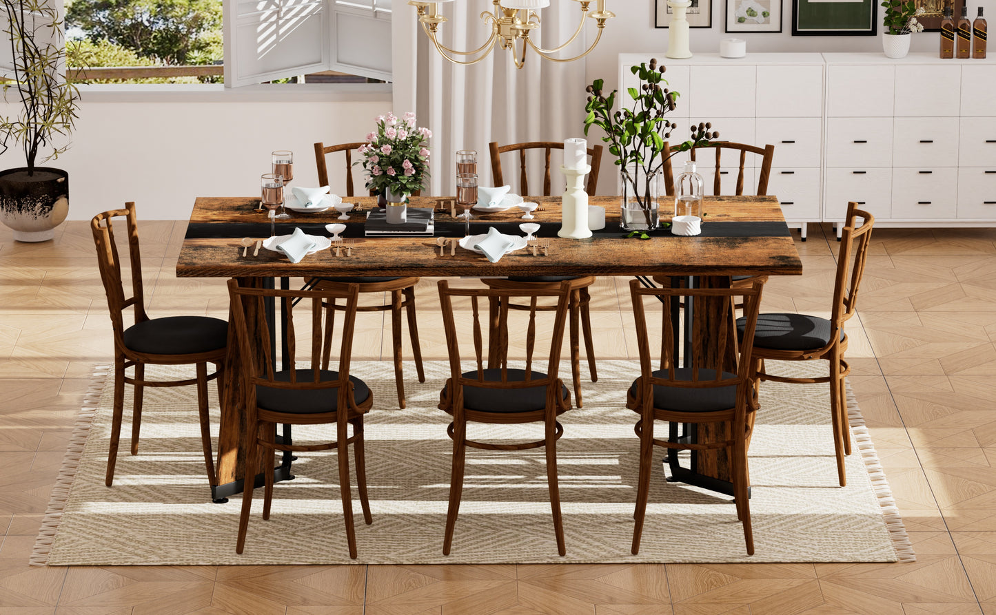 70.9 Rectangular Large Dining Table, Waterproof Large Desk For 8 People, Deluxe Family Dining Table With Adjustable Legs For Kitchen,Living Room,Office, Rustic Brown,70.9 W X 35.4 D X 30.3 H