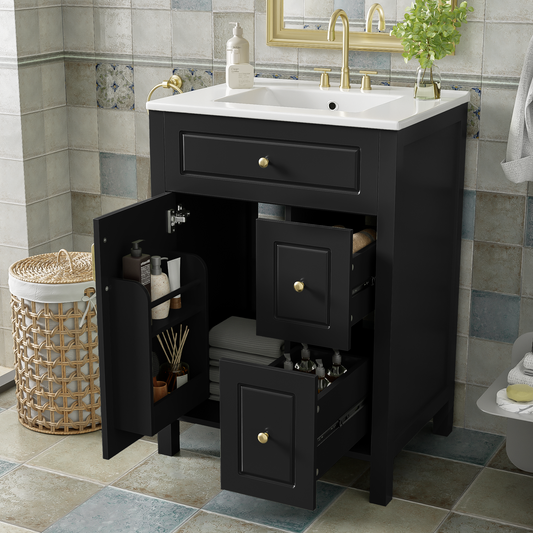 24-Inch Bathroom Vanity With Ceramic Sink, 1 Soft Close Door, 2 Soft Close Drawers, And Double Storage Racks On The Door