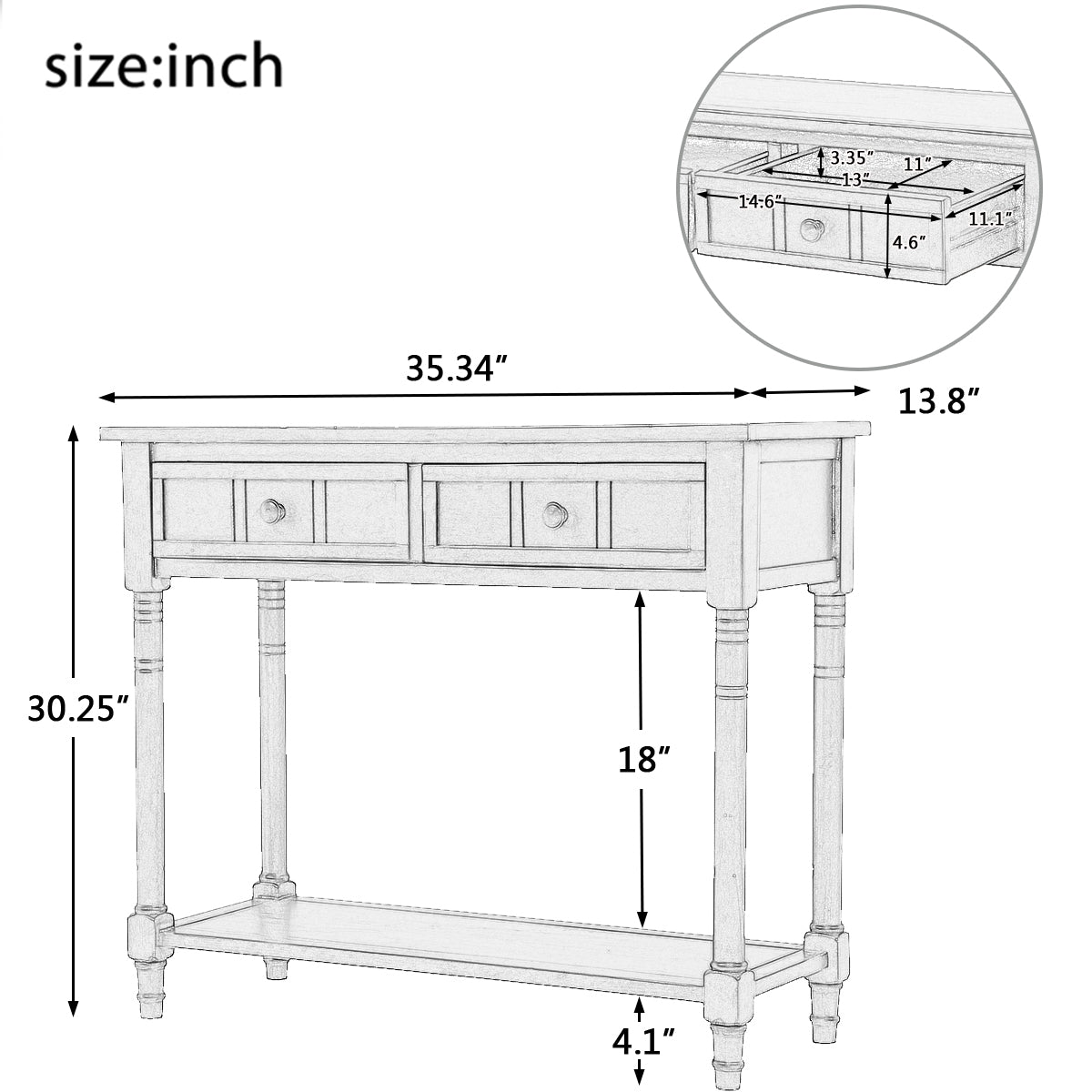 TREXM Daisy Series Console Table Traditional Design With Two Drawers And Bottom Shelf Dark Navy