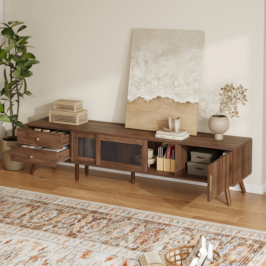 76 Modern Minimal Glass-Doors TV Stand For TVs Up To 85 Inches, Wood-Grain Entertainment Center With Storage Cabinets, TV Media Console Table For Living Room, Bedroom