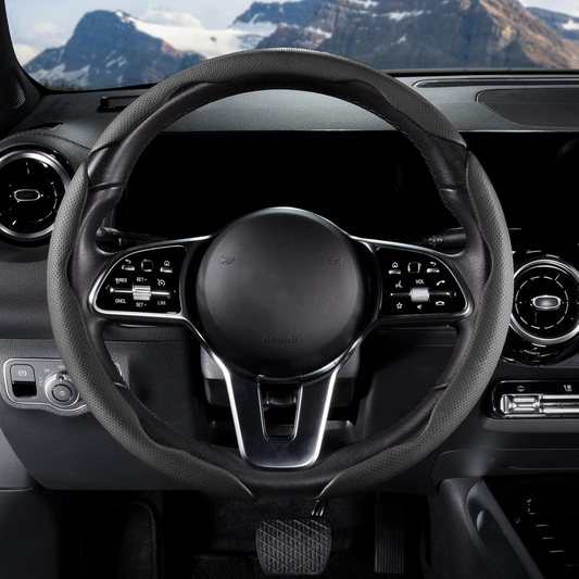 Car Steering Wheel Cover - Leather Snap-on Three-piece Set - Anti-slip Protection Cover - Steering Wheel Control Accessory - Universal Model - Black And Gray