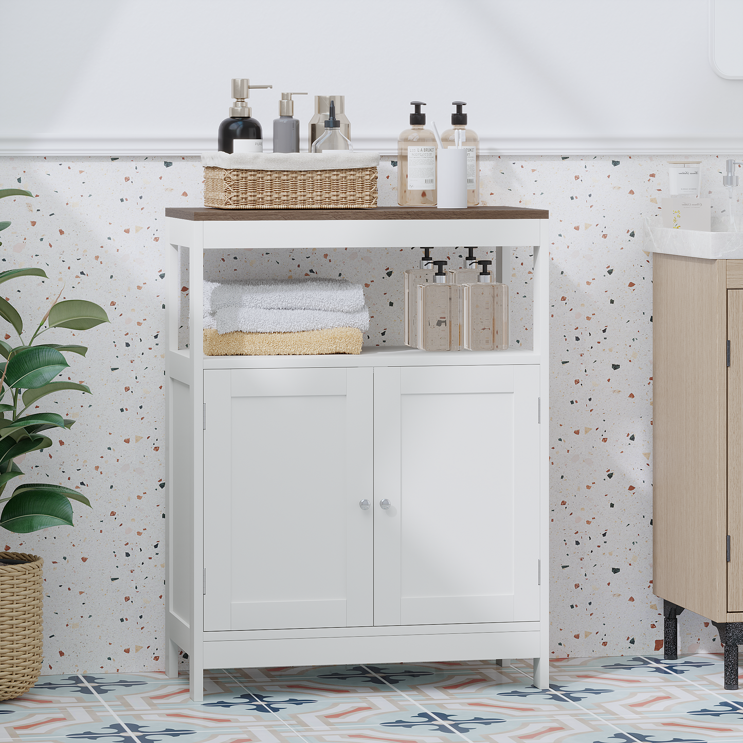 Modern Storage Cabinet With Double Doors, Free-Standing Bathroom Cabinet With Adjustable Shelf And Natural Wood Top, Multi-Purpose Organizer For Kitchen, Living Room, Bathroom Or Entryway White