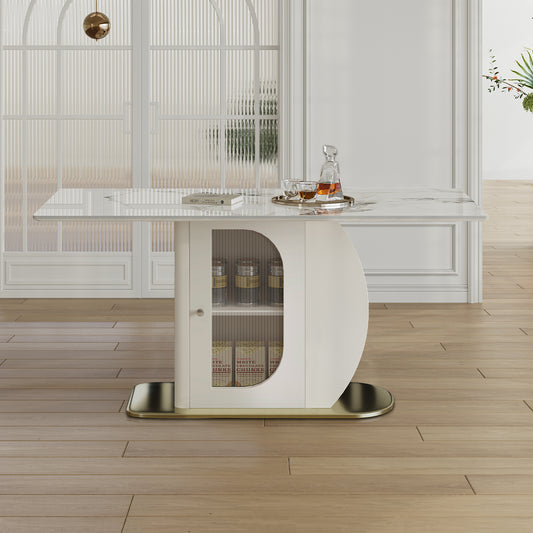 63 Modern Dining Table For 4-6 People Kitchen Table With Storage Shelf & Acrylic Door Cabinet Sintered Stone Tabletop With Golden Solid Wood Base Perfect For Apartments And Family Use