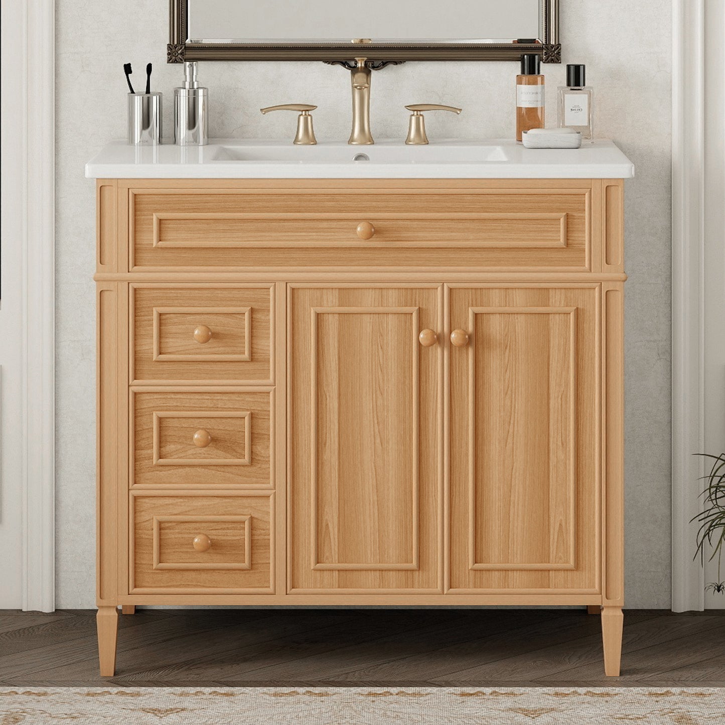 36 Bathroom Vanity With Sink, Wood Vanity Cabinet With Flip-Out Drawer, 3 Drawers, 2 Soft-Close Doors, Solid Wood & MDF, Elegant Rubber Wood Handles