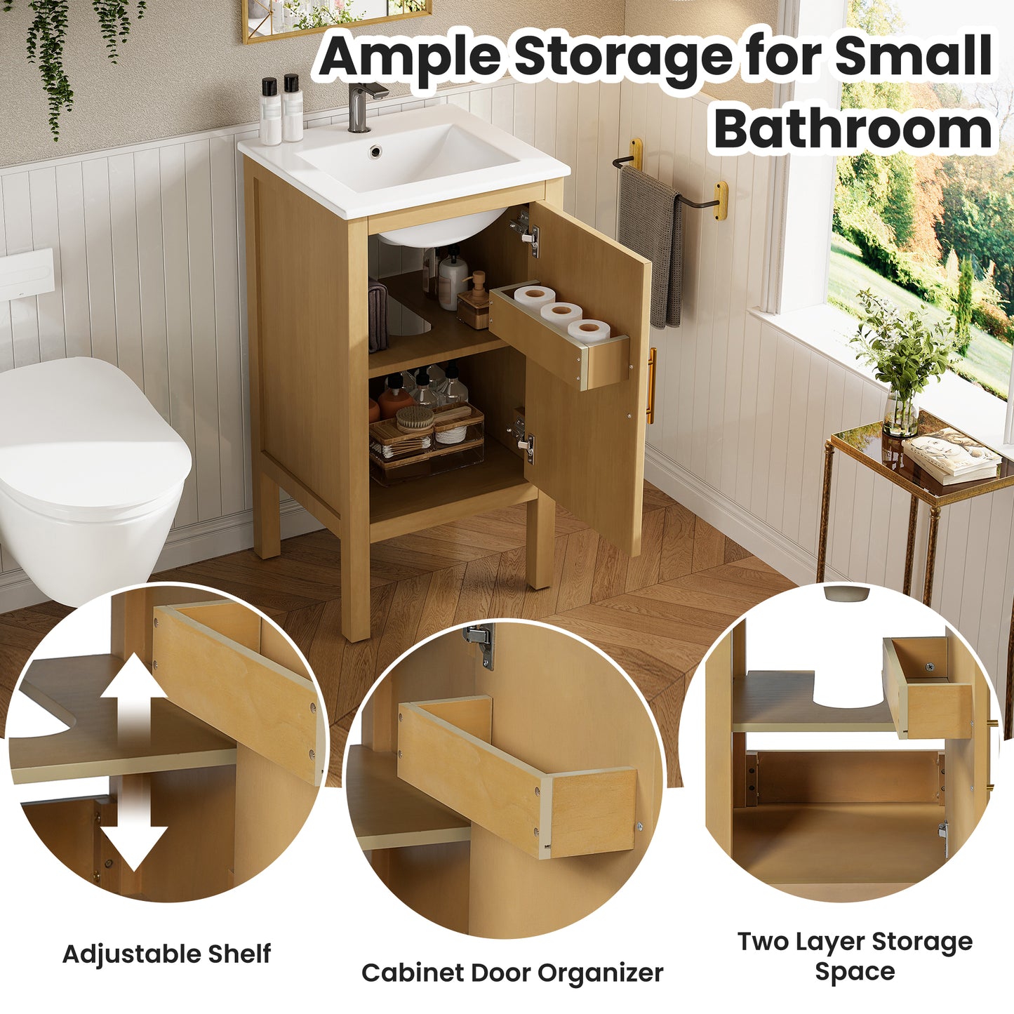 18 Bathroom Cabinet With Storage, Small Space Solution With Ceramic Sink, Adjustable Shelf, Soft-Closing Hinges