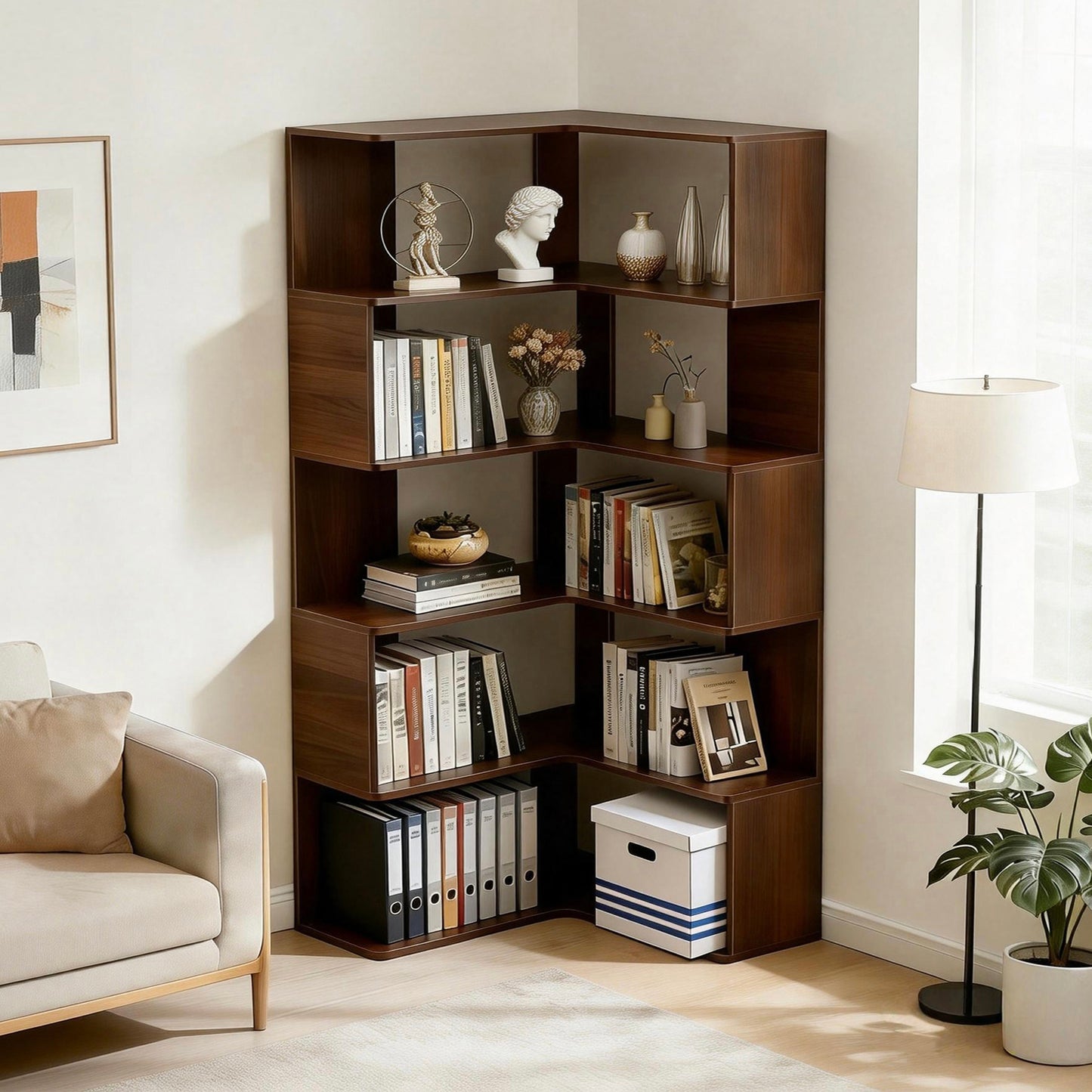 6 Tier Corner Bookshelf, 66 Tall L Shaped Bookshelf With Baffle, Freestanding Display Corner Shelf, Wooden Bookcase With Open Shelf Units For Living Room, Bedroom, Home Office, Walnut