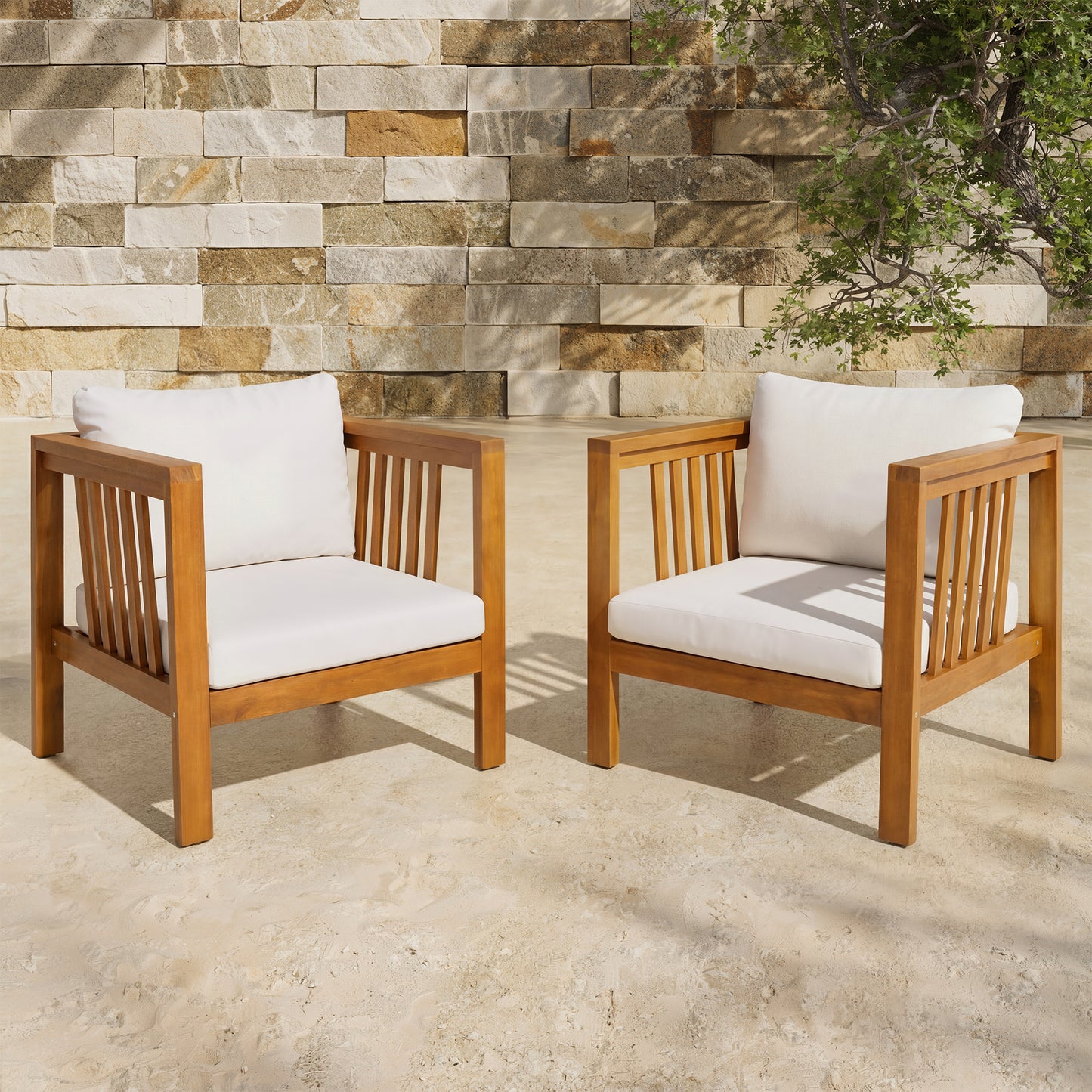 Set Of 2 Outdoor Acacia Wood Club Chairs With Modern Square Arms, 2-Piece Patio Conversation Set With Thick Cushions, Adjustable Leveling Feet For Poolside, Deck, Beige Cushions