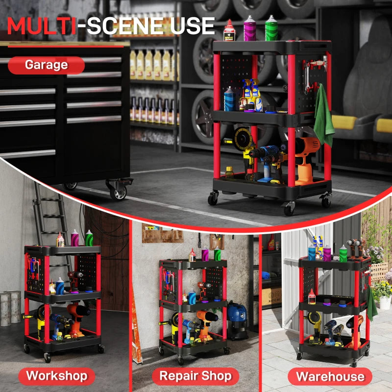 3-Tier Rolling Tool Cart, 200 LBS Capacity Plastic Utility Cart With Side Shelves For Garage, Workshop, Black And Red