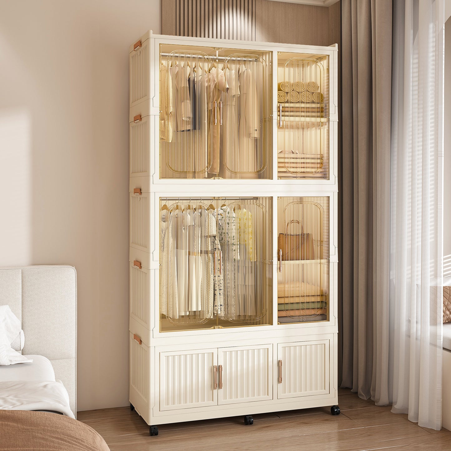 Portable Wardrobe Closet Storage Organizer For Clothes,Clothes Dresser,9 Magnetic Doors-9 Cubes & 2 Hanging Rod,6 Pcs Hangers , Baby Wardrobe Storage Cabinet,White
