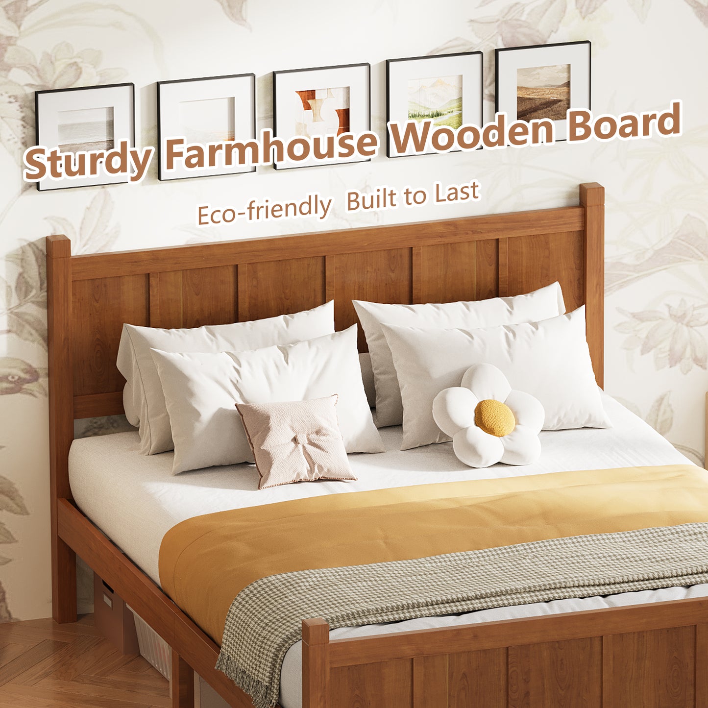 Full Size Flat Panel Bed With Headboard & Footboard, Minimalist Modern Platform Bed With Wood Grain Finish, Shaker And Farmhouse Style Design, Sleek And Functional Bedroom Furniture,Light Walnut