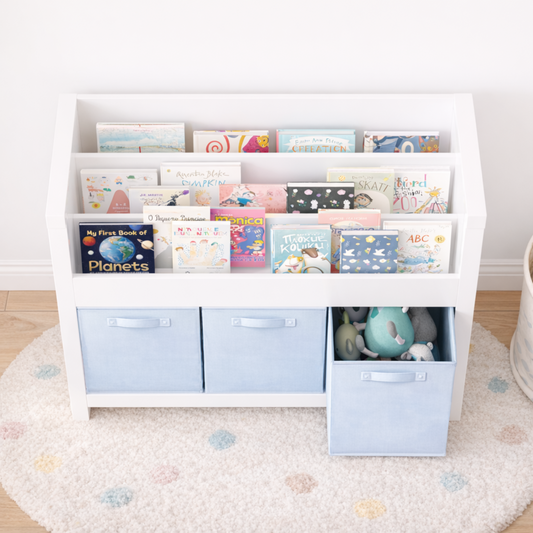 Kids Bookshelf With 3 Tier Front-Facing Storage And 3 Fabric Bins, Wooden Toddler Bookcase For Playroom, Nursery, Bedroom Kids Book Organizer Shelf For Toys And Books