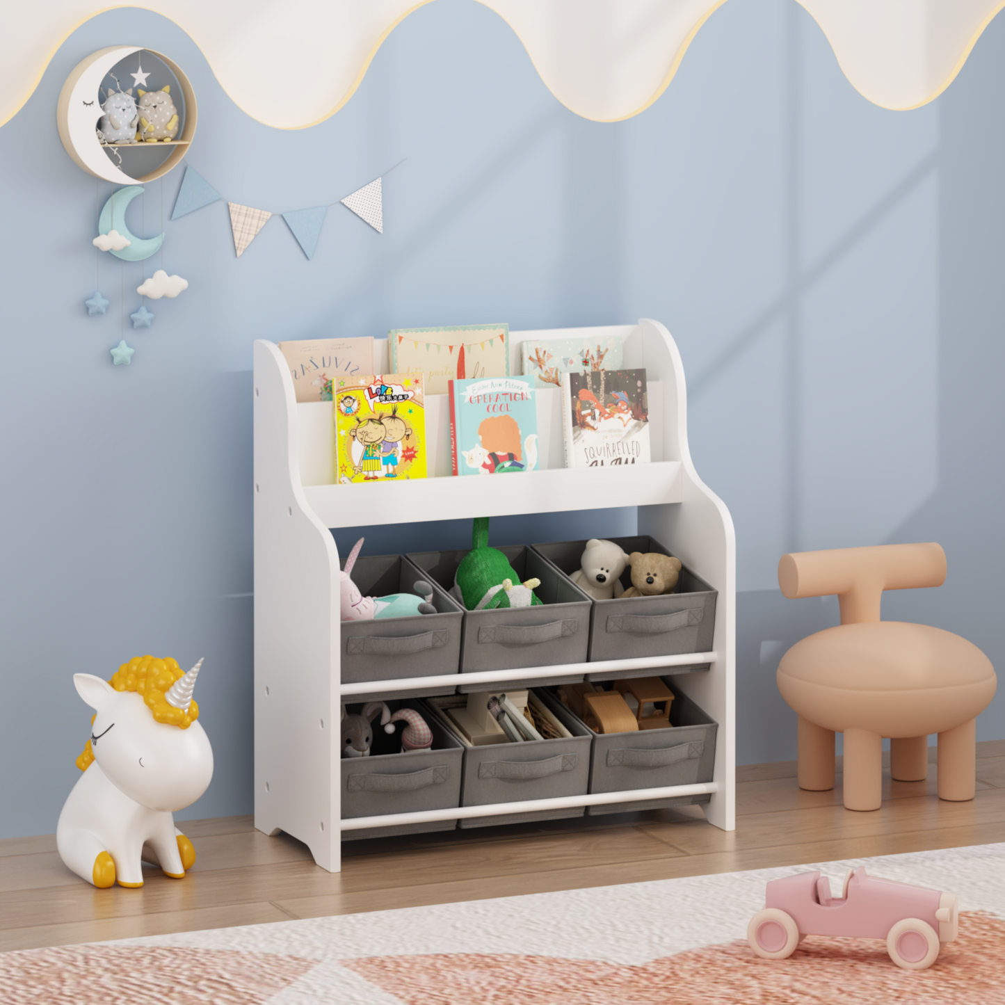 Kids Bookshelf With 6 Fabric Storage Bins, Multi-Functional Children's Bookcase And Toy Organizer, Front-Facing Display Shelf For Playroom, Bedroom Or Nursery - White & Gray