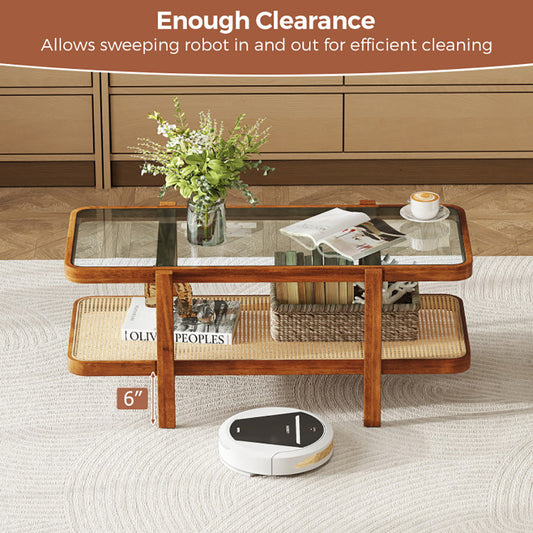 2-Tier Coffee Table With Storage And Tempered Glass Tabletop PE Rattan Anti-fading, Tear-proof For Office, Waiting Room, Or Reception Room