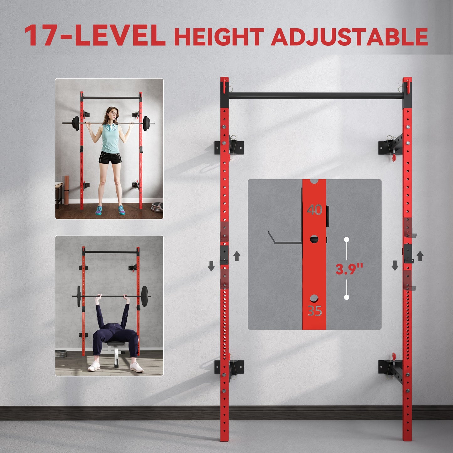 Folding Squat Rack With Pull Up Bar, Wall Mounted And Adjustable, 1000 Pounds Capacity Power Rack, Red