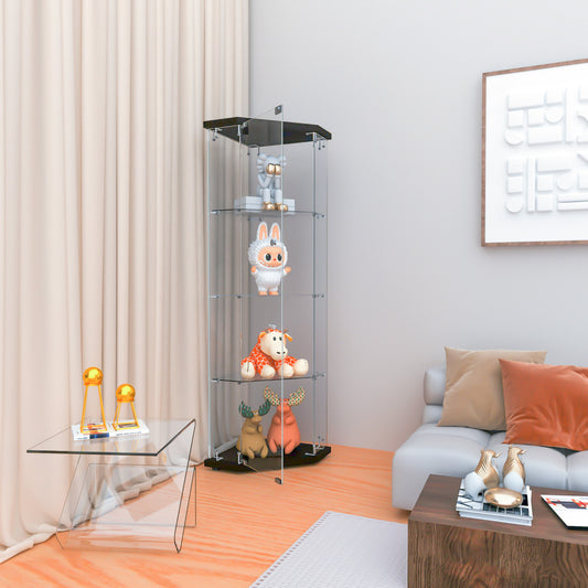 Glass Display Cabinet With 4 Shelves,Pentagon,Curio Cabinets For Living Room, Bedroom, Office, Black Floor Standing Glass Bookshelf, Quick Installation