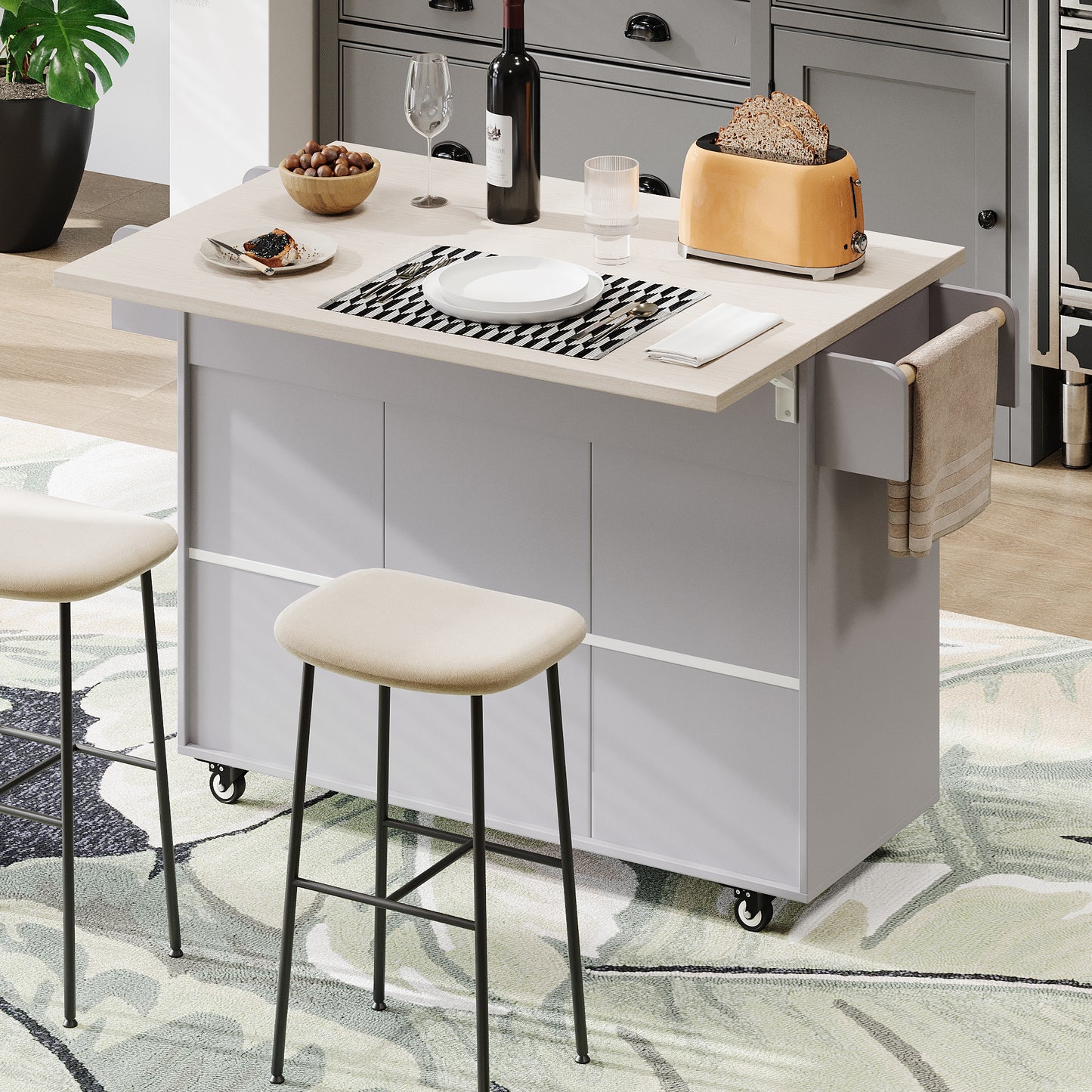 K&K Kitchen Island With Trash Can Storage Cabinet, Kitchen Cart With Drop Leaf, Spice Rack, Towel Rack And Drawer, Rolling Kitchen Island On Wheels With Adjustable Shelf, Grey