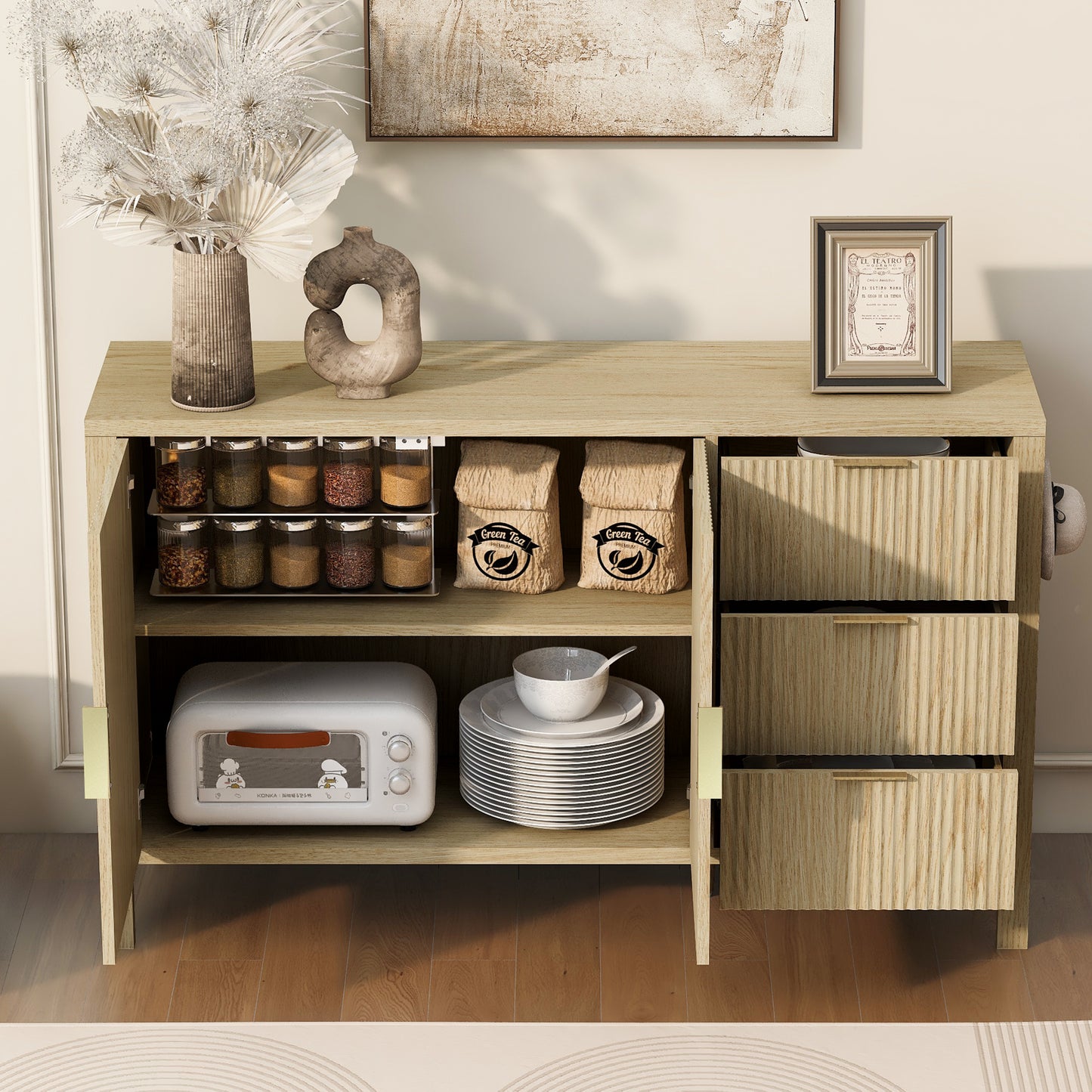 U- Style Modern Wave- Pattern Sideboard With 3 Drawers Large Storage Buffet Cabinet With Hooks And Extra Center Leg Suitable For Living Room Entryway Hallway.
