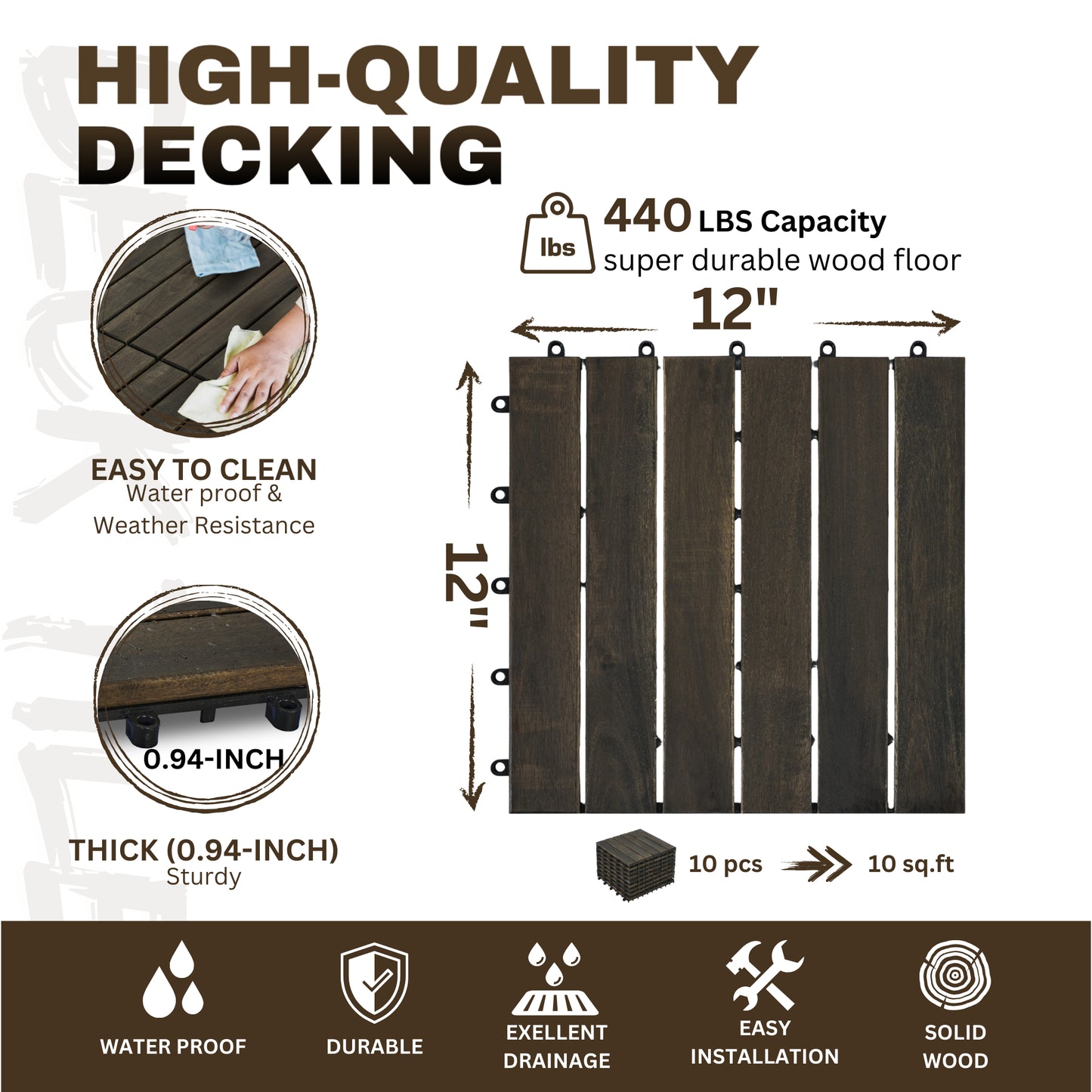 10 PCS Interlocking Deck Tiles Striped Pattern, 12inch X 12inch Dark Brown Square Acacia Hardwood Outdoor Flooring For Patio, Bancony, Pool Side