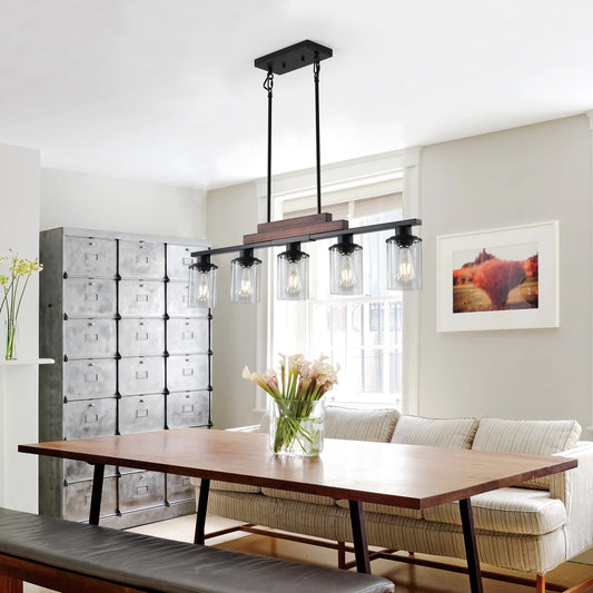 37 Farmhouse Industrial 5-Light Kitchen Island Pendant Light, Metal Wood Chandelier With Clear Glass Shades, Adjustable Height Hanging Fixture For Dining Room, Living Room, Kitchen No Bulbs