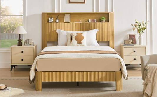 Full Extra Long Full XL Size Bed Frame With Storage Headboard, Built-in Charging Station, Wavy Curved Lines Design, Silent Operation, Metal Support, Natural