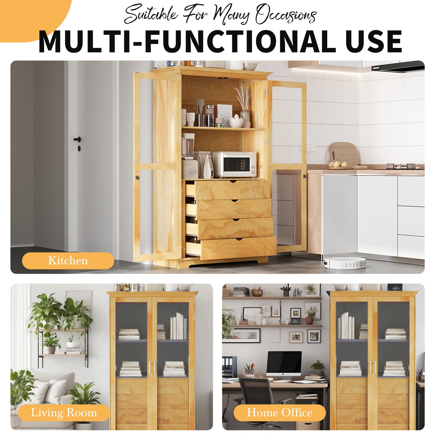TOPMAx 44.7x20x75inch Kitchen Pantry Freestanding Kitchen Storage Cabinet Display Cabinet With Glass Doors And 4 Built- In Drawers For Living Room Home Office Natural
