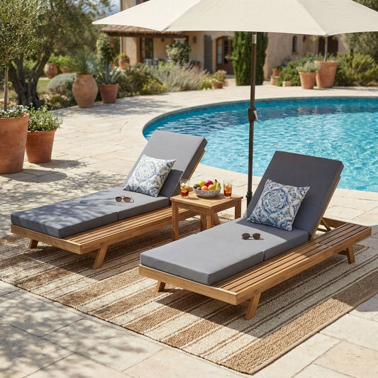 Lounge Chaise Set, Space Available On One Side, Acacia Solid Wood In Light Brown With Lounge Cushion Dark Grey & Triple Fold -Matching Cream Version Available