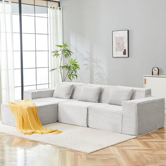 L-Shaped Modular Sectional Sofa, 3-Seater With Ottoman, Striped Corduroy Fabric, High-Density Foam For Home, Apartment, Office Light Gray