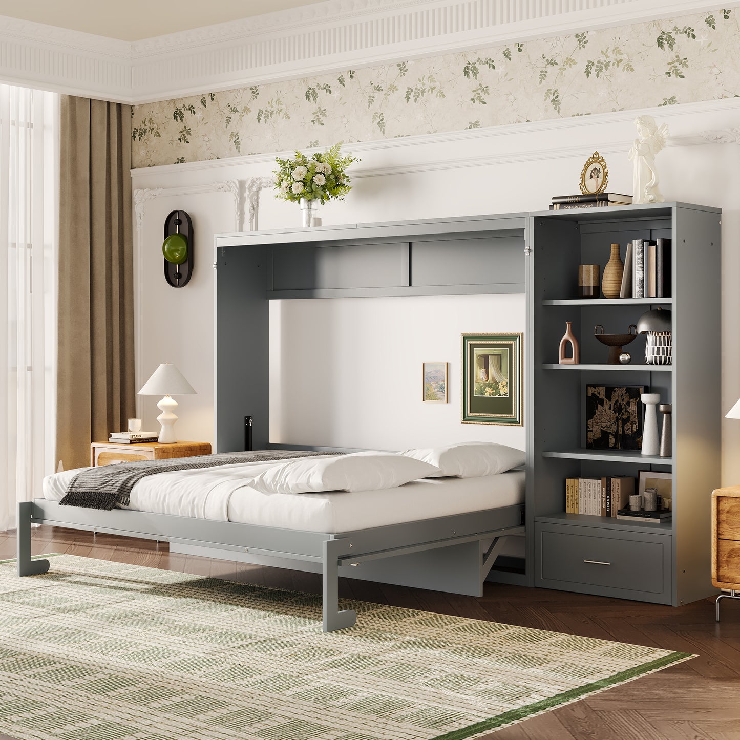 Queen Size Murphy Bed With Height Adjustable Storage Compartments And Shelf, Wall Bed Frame With 1 Drawer, Multifunctional Foldable Platform Bed For Bedroom,Guest Room, Gray OLD