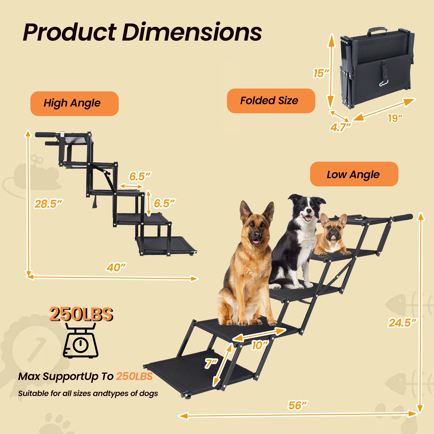 Extra Wide Foldable Dog Stairs, Pet Ramp With Non Slip Surface And Soft Foam Handle, Dogs Stairs For Cars, High Beds, Truck, Supports Up To 250 Lbs, 5 Steps