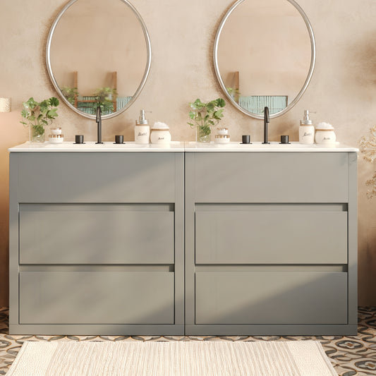 60 Double Sinks Bathroom Vanity Set, Bathroom Cabinet With Two Separate Ceramic Sinks, Full-Extension Drawers & Soft Close Undermount Drawer Slides, Gray