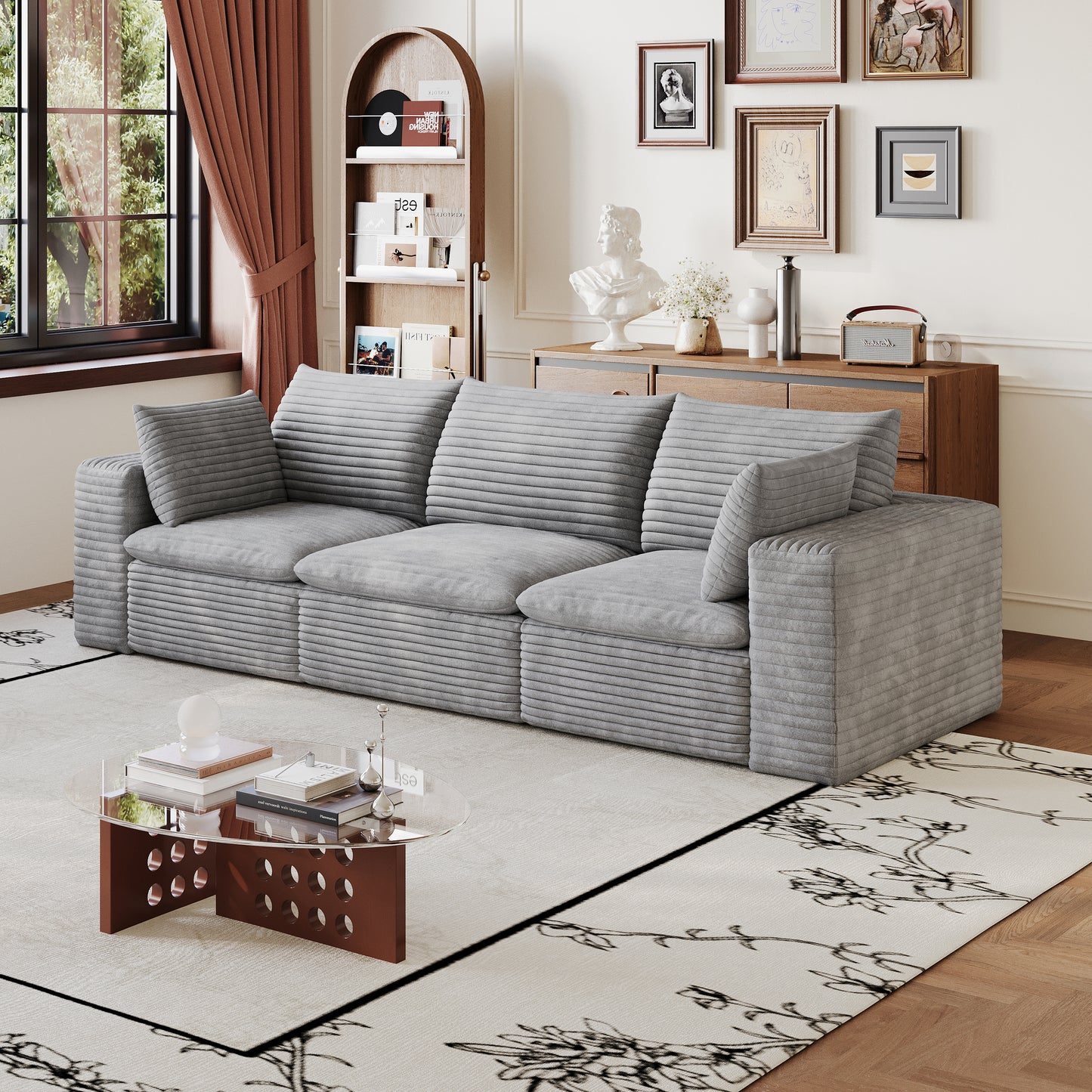 102 Cloud Sofa,Corduroy Fabric,Deep Seat Couches,Double-layer Design,Removable Cushion,No Assembly, DIY Combination For Living Room, Bedroom,Conference Room ,Apartment,Grey