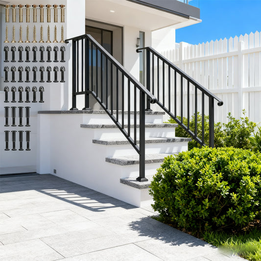4 Step Galvanized Steel Hand Rails For Outdoor Steps Curved Ends And Safety Balusters Exterior Railing For Porch, Deck, Or Indoor Stairs, Complete Installation Kit