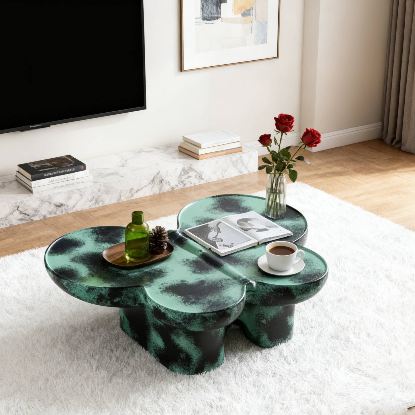 Modern Coffee Table Faux Travertine Textured For Livingroom Office,Green Black