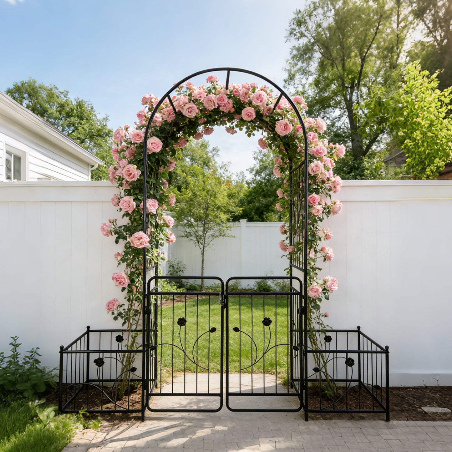 Metal Garden Arch With Gate 79.5 Wide X 86.6 High Climbing Plants Support Rose Arch Outdoor Black