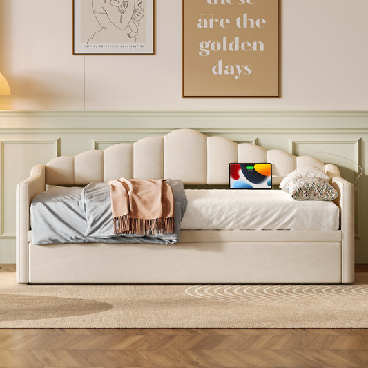 Upholstered Twin Size Daybed With Adjustable Height Pop Up Trundle Twin Bed And USB & Type-C Charging Port, Day Bed Frame With 2 Side Pockets, No Box-Spring Needed, Beige Old SKU N733S285118A