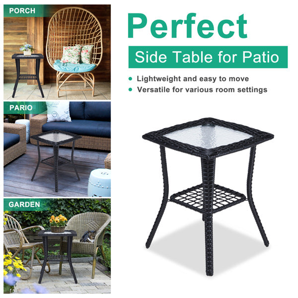 Patterned Glass Surface, Black Rattan, Woven Rattan Edge Side Table, N001