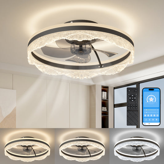 20 Smart Silent Ceiling Fan With Light Crystal Flush Mount LED Fan Lamp With Hidden Blades And Natural Airflow System, Designed For Bedroom, Kids' Room And Study