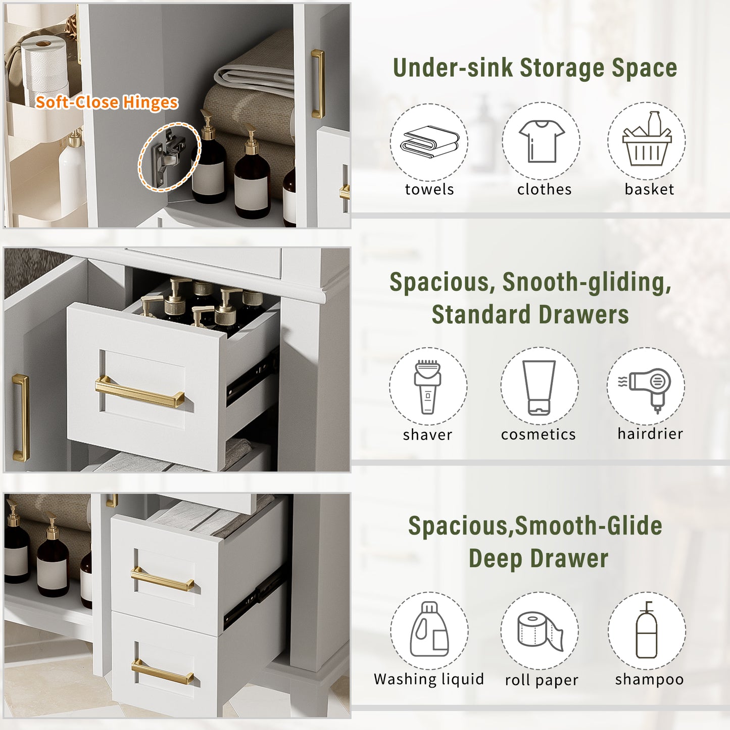 30 Bathroom Vanity With Ceramic Sink, Modern Storage Cabinet With Soft-Close Doors, Deep Drawer & Standard Drawer, Stylish Bath Vanity For Small Bathrooms Old SKU N729P276610K