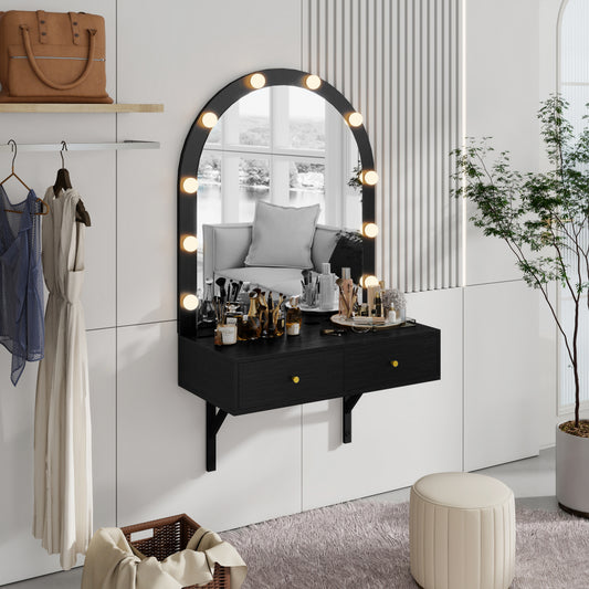 Floating Wall Mounted Makeup Vanity Desk With LED Mirror 3 Color Lights, Compact Dressing Table With Power Outlet & USB Charging, Space Saving Large Storage Vanity For Bedroom Bathroom, Black