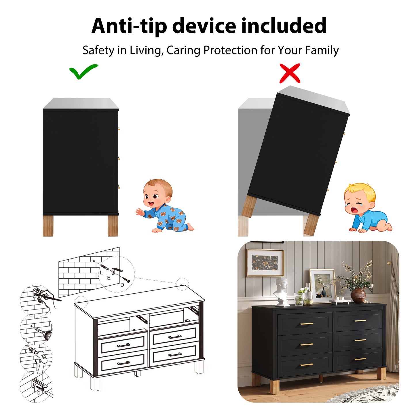6-Drawer Double Dresser , Modern Storage Cabinet With Metal Handles & Solid Wood Legs, Dresser Drawer Organizer For Kids Bedroom, Heavy-Duty Wooden Dresser With Pre-Installed,Black