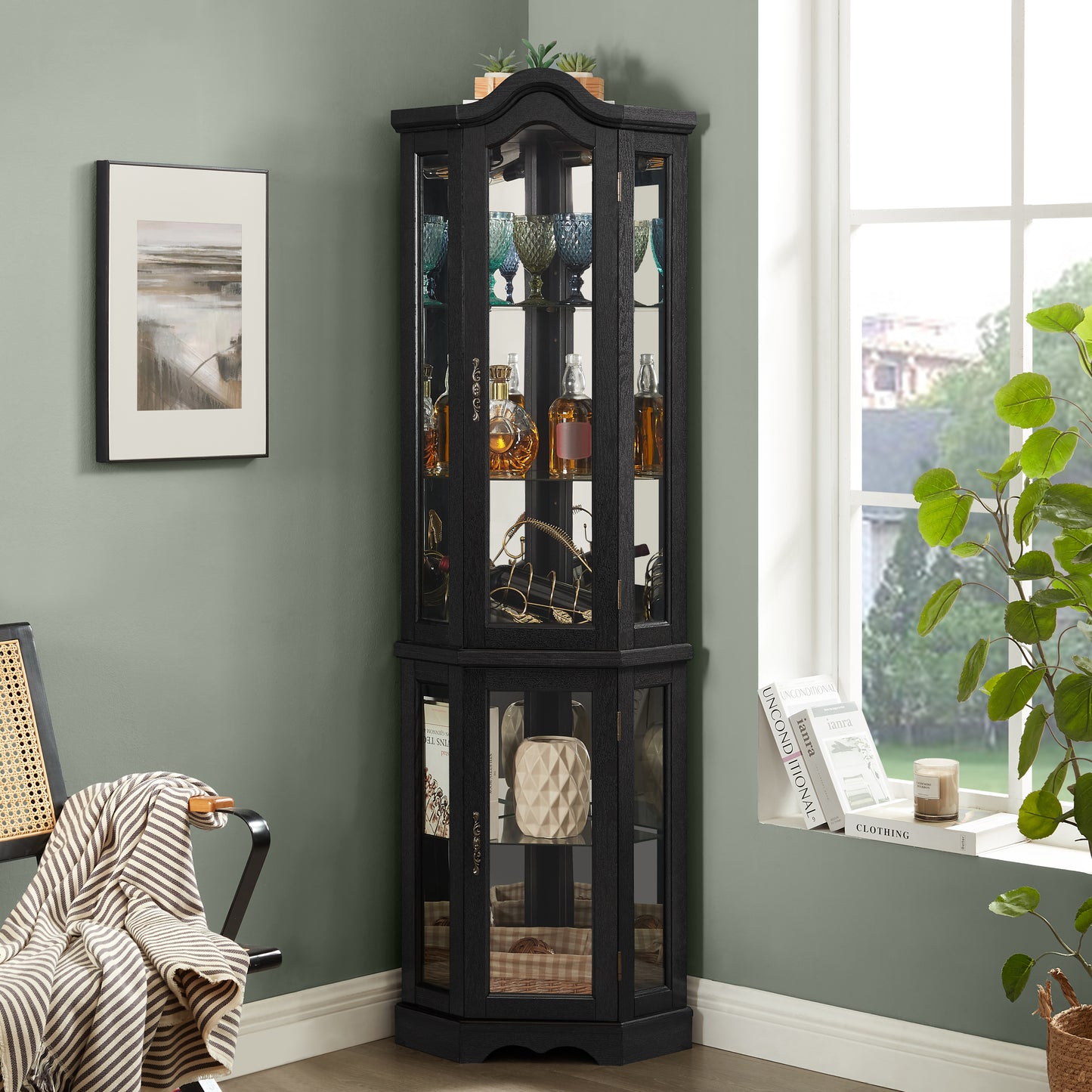 Lighted Corner Curio Cabinet With Tempered Glass Doors & Shelves - Elegant Oak Display Storage For Living Room & Bedroom Decor-BLACK