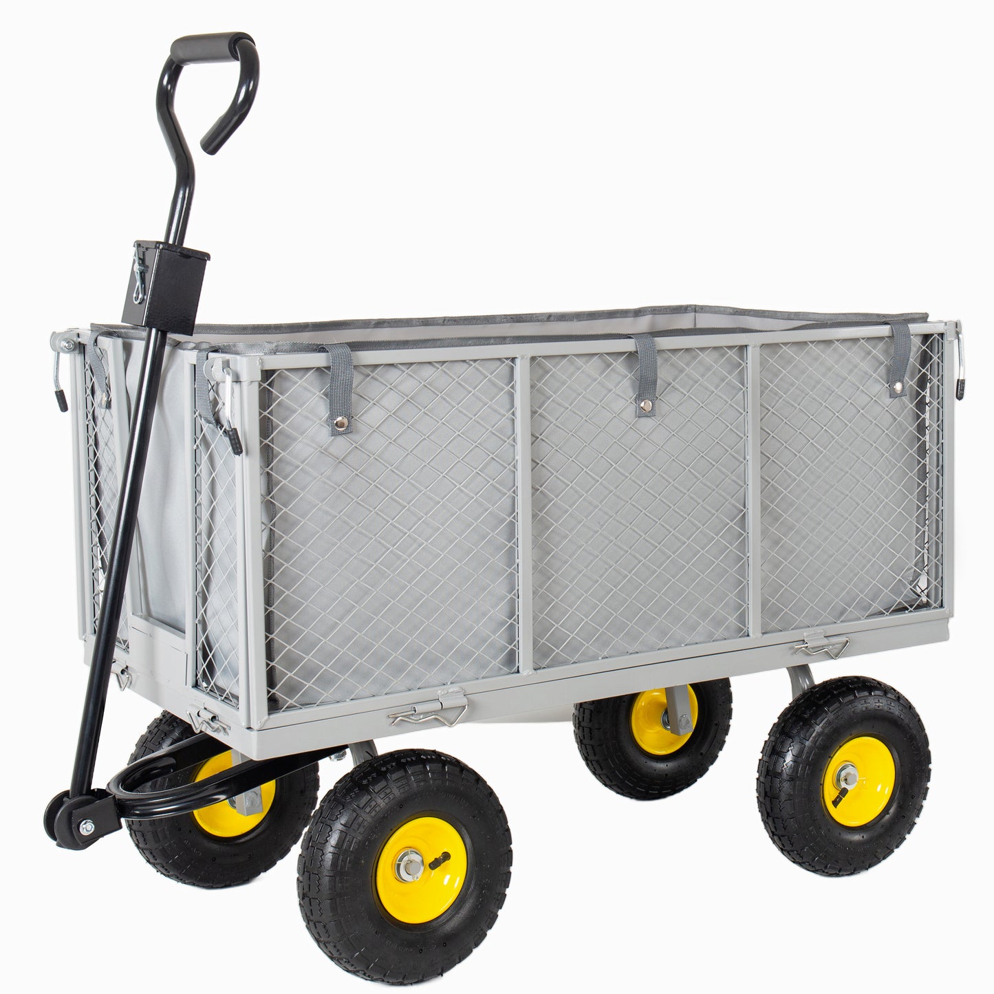 4-in-1 Oversized Steel Dump Garden Cart 880lbs Pullable Mesh Metal Garden Cart All- Terrain Utility Cart With Removable Liner & Side Panels & Mesh Tray For Outdoor Lawn Patio And Landscaping Gray