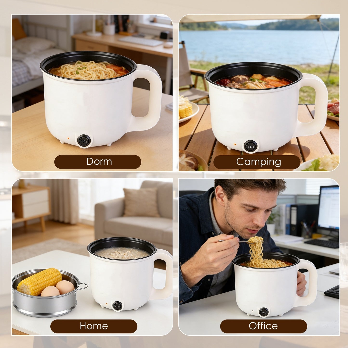 All-in-One Electric Cooking Pot Set With Glass Lid & Tongs, Ceramic Liner Dual Power Hot Pot, Compact Cooker For Dorm Small Apartment Travel