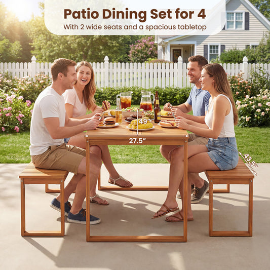 3 Pieces Acacia Wood Picnic Set With Outdoor Dining Table And 2 Benches For 4 People For Patio, Garden, Yard, Or Poolside Use